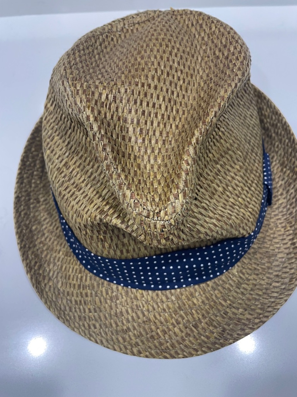 Men's Tan Straw Fedora with Navy Polka Dot Band